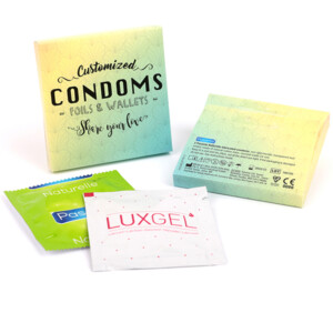 Visuel Pochette personnalisée 64x64x8mm contenant 1 préservatifs Pasante + 1 lubrifiant