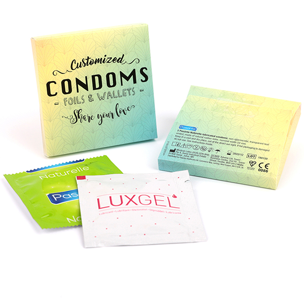Miniature 2 pour Pochette personnalisée 64x64x8mm contenant 1 préservatifs Pasante + 1 lubrifiant