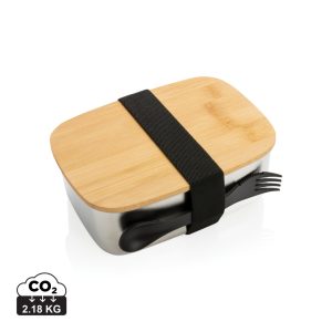 Visuel Boîte à Lunch en acier avec couvercle en bambou et cuichette