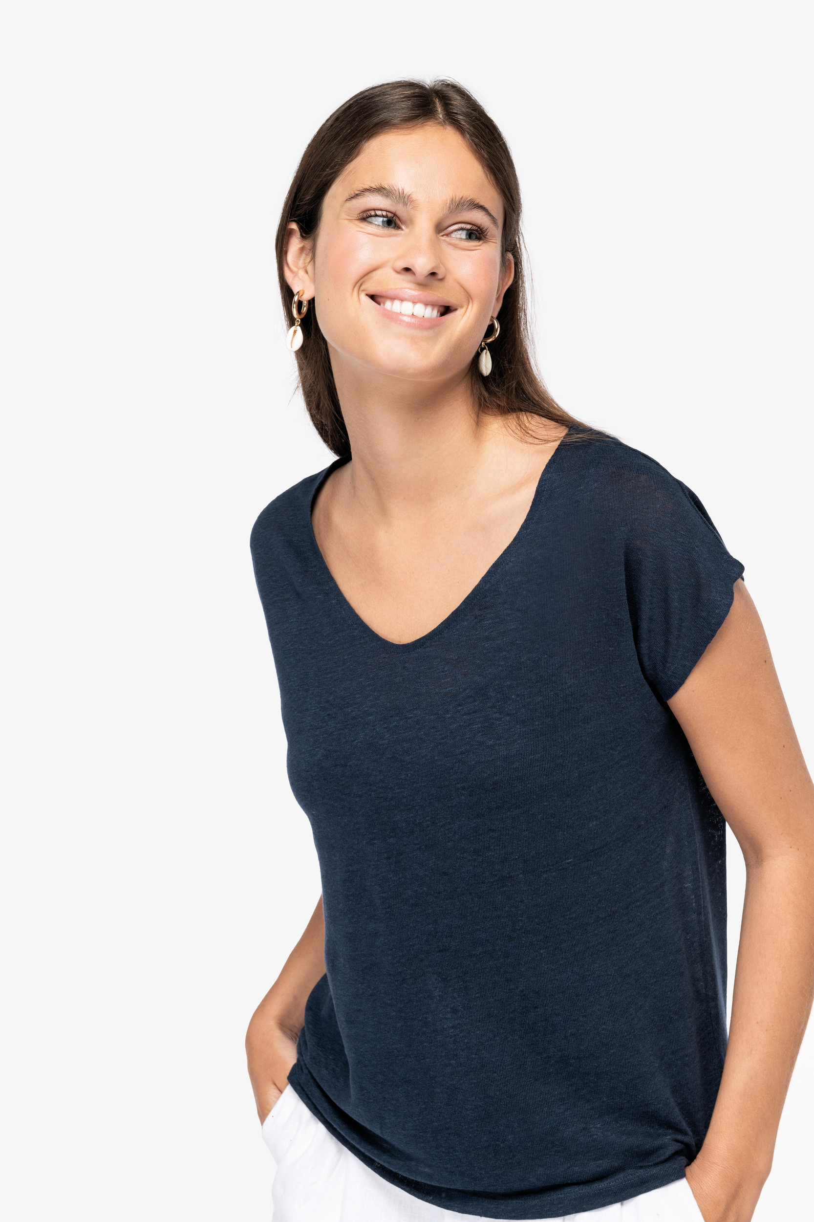 Miniature 3 pour T-shirt col V en lin femme