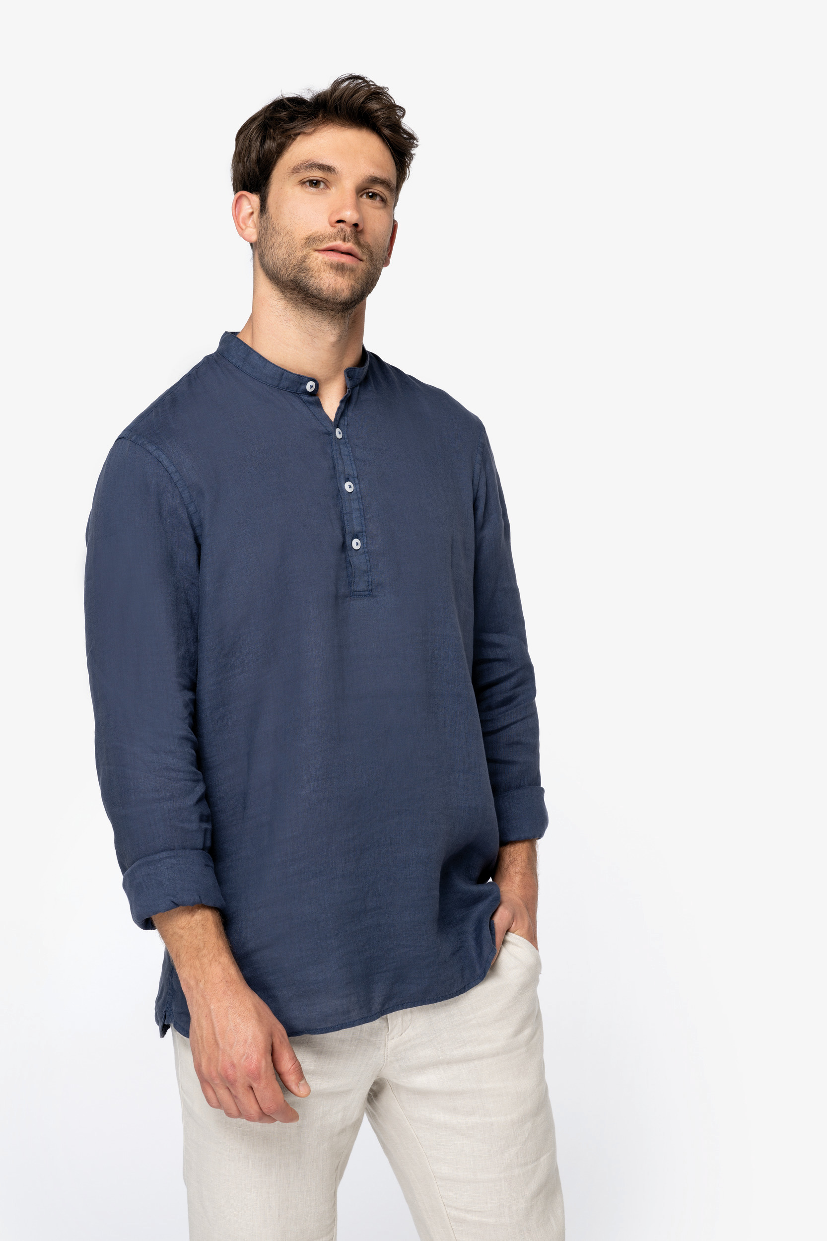 Miniature 3 pour Chemise écoresponsable à col Mao délavée  en lin délavé homme