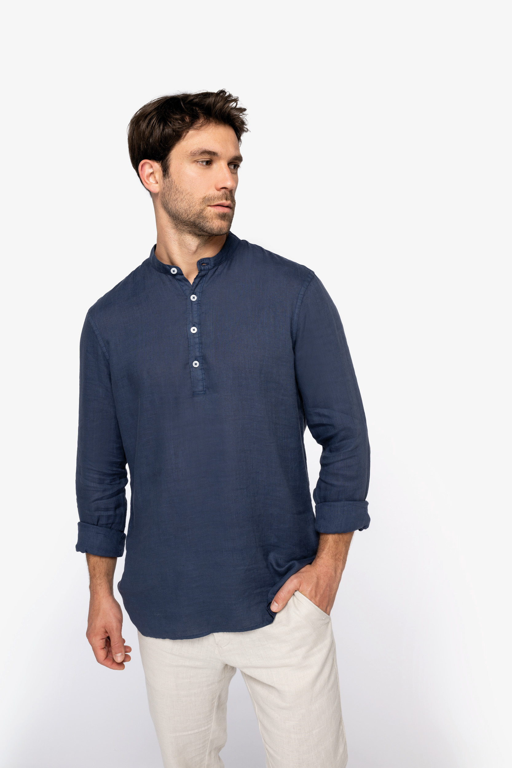 Miniature 1 pour Chemise écoresponsable à col Mao délavée  en lin délavé homme