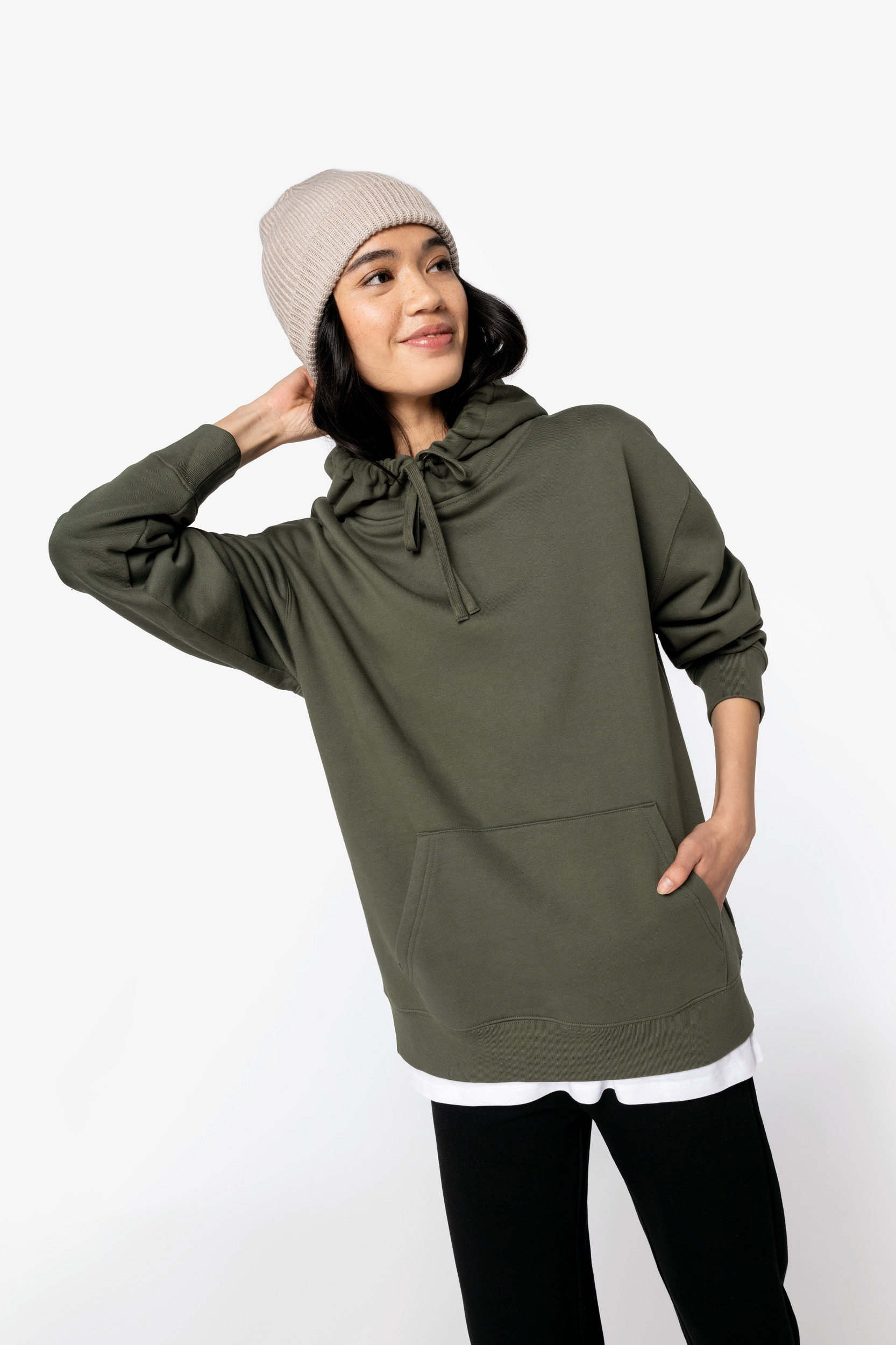 Miniature 13 pour Sweat-shirt écoresponsable à capuche à épaules tombantes molleton gratté unisexe